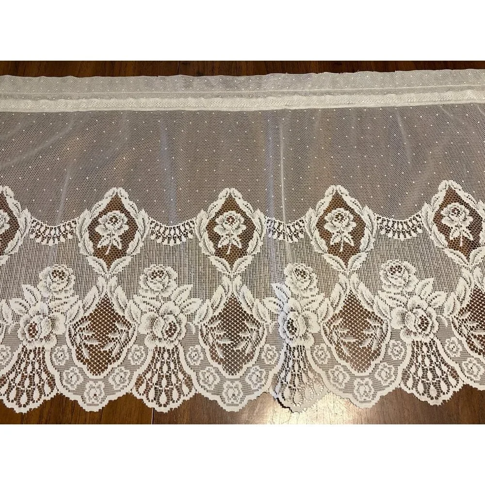 Vintage White Lace Curtain Panel 100% Polyester Floral Design 57